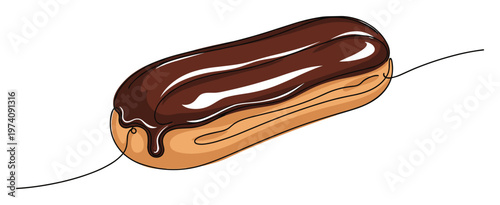 Delicious chocolate eclair dessert with smooth frosting in a continuous line drawing style perfect for menu designs bakery promotions or sweet treat advertisements