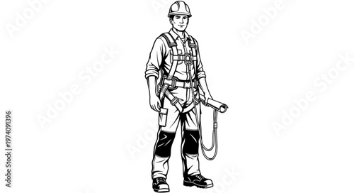 Construction worker wearing safety harness and hard hat, holding tools.