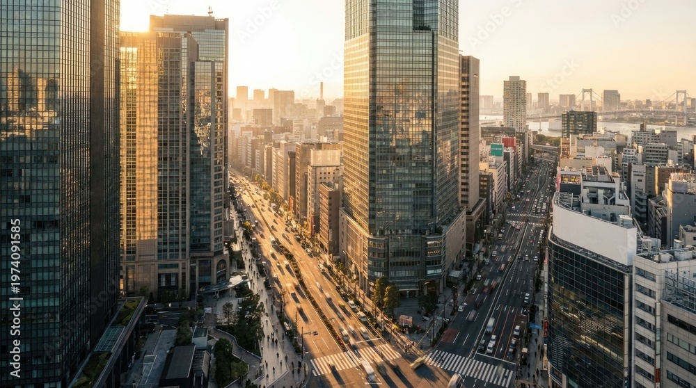 Obraz premium Modern skyscrapers reflecting golden hour sunlight along bustling urban avenue in Tokyo, Japan, showcasing futuristic architecture and city life with clear roads and traffic