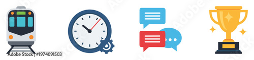 Flat vector icons representing essential business and workflow concepts including train transport, time management, effective communication, and goal achievement, perfect for presentations