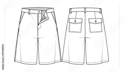 Technical flat sketch of versatile casual shorts featuring a waistband, belt loops, front and back flap pockets, button, and zipper fly, perfect for fashion design and apparel production.