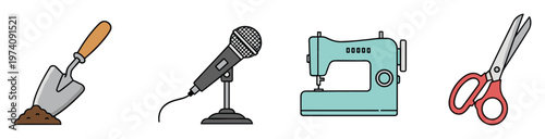 Essential tools for various activities, including a gardening trowel, a microphone, a sewing machine, and scissors, suitable for educational content and hobby related designs.