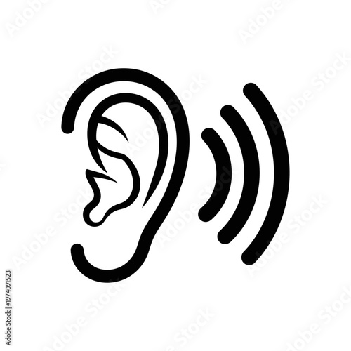 Vector illustration of a human ear symbol with sound waves, representing hearing and listening concepts, ideal for audio, medical, or communication themes