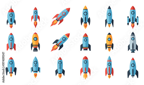 Vibrant set of rockets symbolizing startup success, innovation, and forward momentum, ideal for technology presentations, business growth metaphors, and educational content.