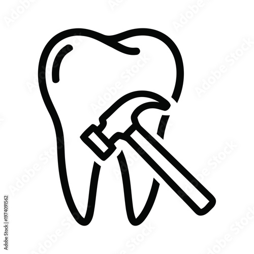 Abstract concept illustration of a molar tooth impacted by a small hammer, symbolizing dental damage and oral health issues