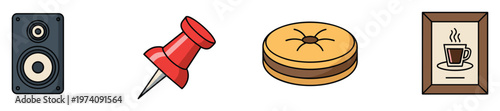 Versatile set of everyday object icons presenting an audio speaker, a vibrant red pushpin, a delicious layered biscuit, and a steaming coffee cup artwork within a frame, ideal for graphic