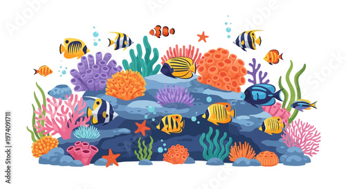 Vibrant Coral Reef Scene with Colorful Fish and Marine Life