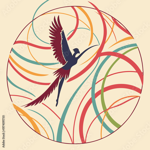 Stylized mythical bird figure with elaborate feathers flying within a dynamic circular design with colorful swirling ribbons.