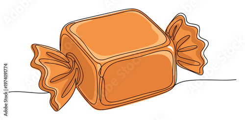 Sweet orange toffee candy in a twisted wrapper drawn with a minimalist continuous line perfect for dessert menus snack advertisements or playful food graphics