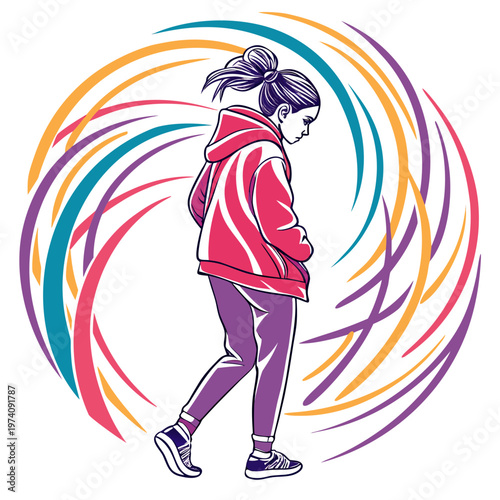Young girl walking with head down in colorful swirling abstract background vector illustration representing introspection and thoughtful mood.
