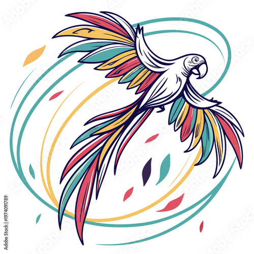 Flying macaw parrot with multicolored wings and tail feathers soaring through abstract swirling lines in circular composition for tropical design.