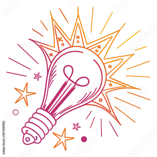 Sketch style illustration of shining light bulb with stars and radiant lines against white background representing sudden bright idea or innovation.
