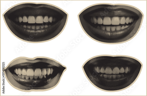 Halftone girl lips retro pop art collage style vector graphic. Bold dotted comic magazine design for advertising and poster use. Symbolizing expression, beauty and pop culture