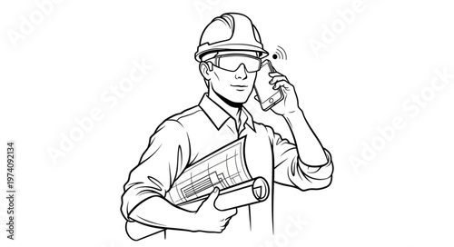 Construction worker wearing safety glasses and helmet talking on radio.