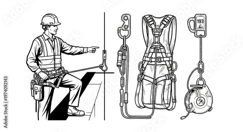 Construction worker wearing safety harness and fall protection equipment.