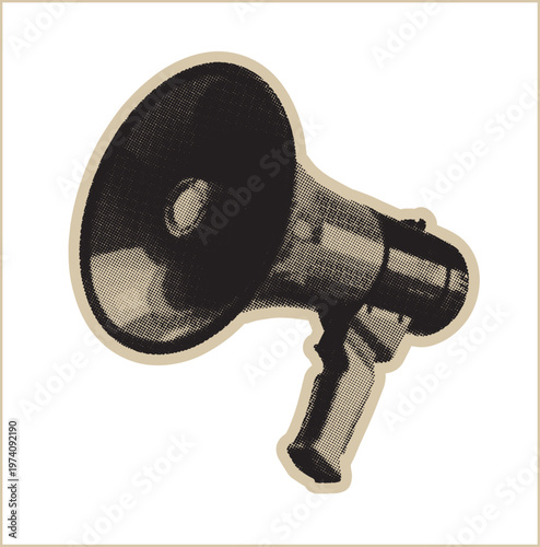 Halftone megaphone retro pop art collage style vector graphic. Dotted comic magazine design for advertising, announcement and media promotion. Symbolizing voice, power and communication