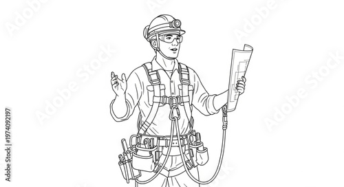 Construction worker wearing safety harness and hard hat.