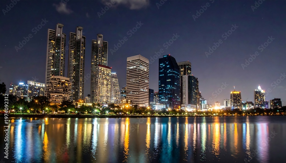 Obraz premium Nighttime Cityscape - Skyscrapers Reflecting on Calm Waters.
