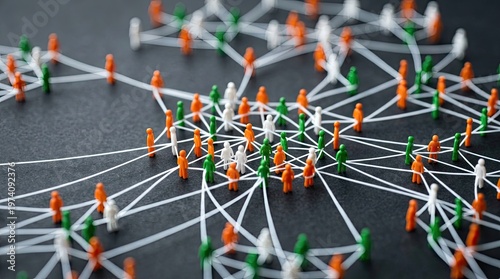 Network of colorful pushpins connected by white threads on a dark surface, symbolizing social connections and communication.