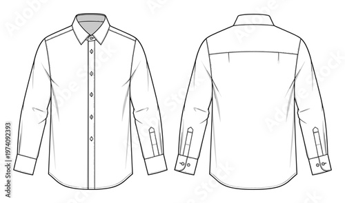 Mens long sleeve button up dress shirt technical flat sketch showing front and back views for apparel design and clothing manufacturing specifications