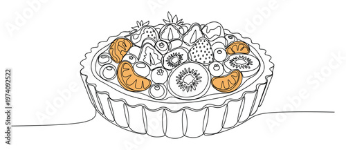 Continuous line drawing of a fresh fruit tart with strawberries, kiwi, blueberries, and orange segments, perfect for bakery promotions, healthy eating blogs, or cafe menu designs