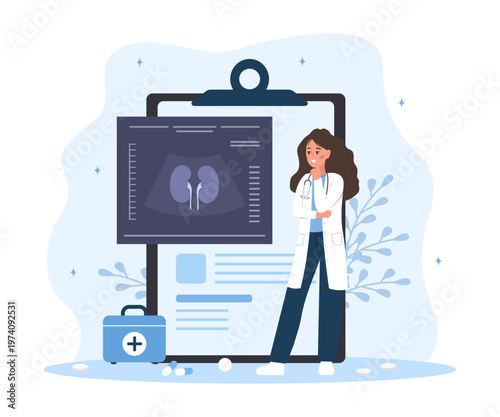 Kidney ultrasound exam. Female doctor diagnosis renal diseases. Medical illustration of internal organ health. Human anatomy scan. Vector illustration in flat cartoon style.