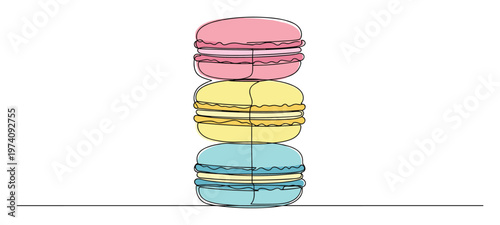 Colorful stacked macarons in a simple continuous line drawing style perfect for confectionery branding dessert shop menus or sweet treat related graphic projects