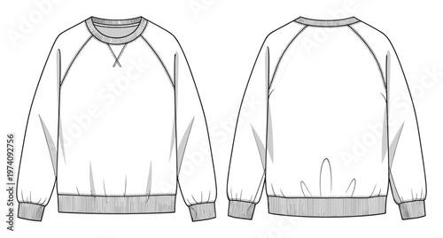 Professional apparel flat sketch featuring a versatile raglan sleeve crewneck sweatshirt, perfect for fashion design, technical specifications, and garment manufacturing documentation.