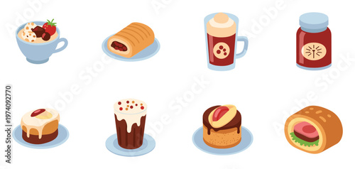 Isometric assortment of delicious desserts, pastries, and drinks perfect for cafes, bakeries, and culinary business branding, enhancing food blogs and digital menu presentations.