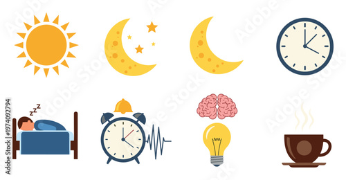 Sleep and wake cycle flat icons illustrating a daily routine from resting to being alert and productive, useful for health and wellness presentations or informational articles.