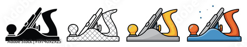 Professional woodworking hand plane tool icon set in various styles, perfect for construction and carpentry projects, educational materials, or DIY guides illustrating building techniques.