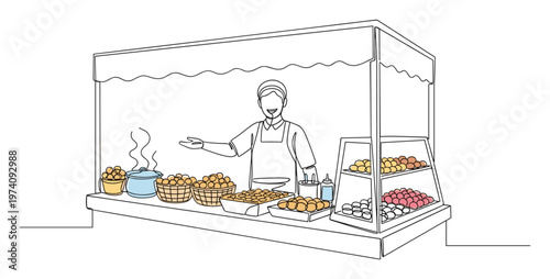 Smiling food vendor at a lively street stall inviting customers to enjoy warm savory and sweet snacks, perfect for culinary event promotions or cultural fair marketing.