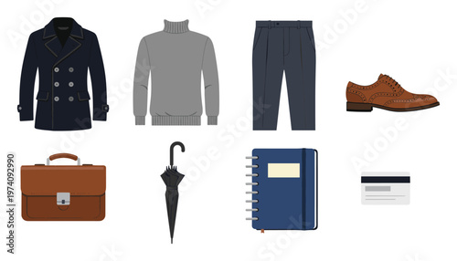 Essential professional mens wardrobe collection featuring coat sweater pants shoe briefcase umbrella notebook and payment for business and everyday style concepts