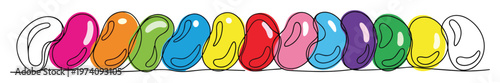 Vibrant row of colorful jelly beans rendered in a continuous line drawing style, perfect for confectionery promotions, candy shop branding, or sweet treat marketing applications