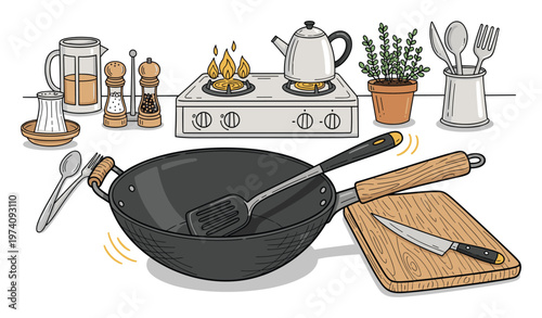 Kitchen cooking items with a large wok, gas stove, kettle, spice grinders, and various utensils on a chopping board with a knife for food preparation and culinary uses.