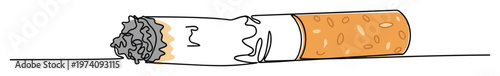 Continuous line art illustration of a discarded cigarette butt lying on the ground, perfect for conveying messages about smoking cessation, unhealthy habits, or environmental pollution in