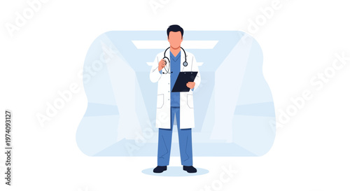 A professional male doctor stands confidently with his stethoscope and clipboard, ready to provide medical care. This Flat Design illustration emphasizes trust and expertise in healthcare.