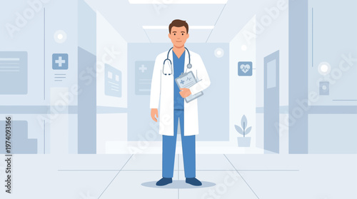 A professional male doctor stands confidently with his stethoscope and clipboard, ready to provide medical care. This Flat Design illustration emphasizes trust and expertise in healthcare.