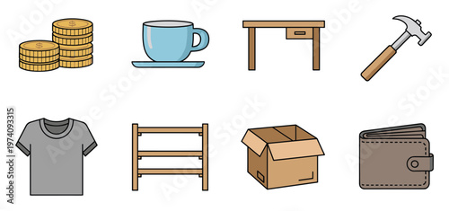 Collection of various common household items and everyday objects including money cup desk hammer tshirt shelf box and wallet for commerce and financial projects