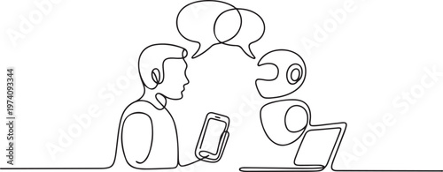 Single one line drawing chat with the robot. Smartphone and laptop. one line art icon drawing vector