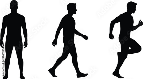 Male silhouettes standing walking running poses vector illustration with male body