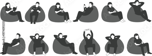 Collection of people relaxing on bean bag chairs with using phone, hands behind head