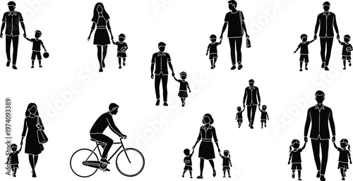 Collection of diverse family silhouettes featuring parents walking with children