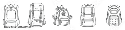 Collection of outline illustrations featuring various backpack designs including schoolbags, hiking packs, and fashion satchels perfect for educational resources, product catalogs, or