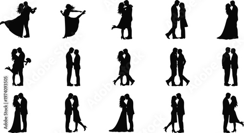 Diverse silhouettes of romantic couples in various affectionate poses and embraces