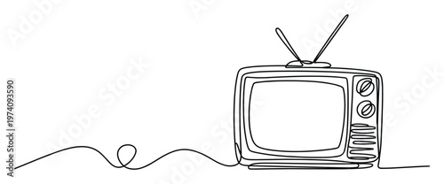 Minimalist continuous line drawing of a classic vintage television set with an antenna, representing media, news, and broadcasting history for technology or communication presentations.