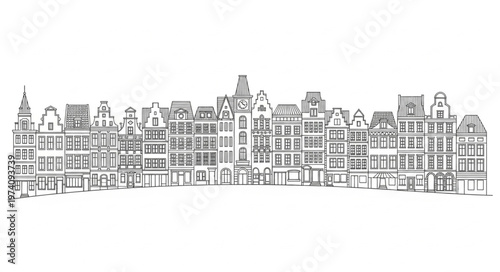 Detailed architectural sketch of a European cityscape with intricate building facades.