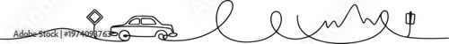 Continuous one line drawing road trip concept. one line art icon drawing vector