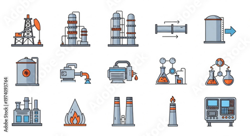 Oil and Gas Industry Icons - Refinery, Storage, and Processing.