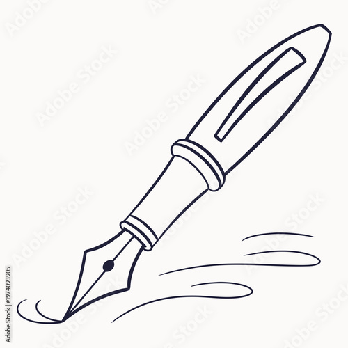 Elegant line art drawing of a classic fountain pen writing on a surface, illustrating creative writing and artistry.